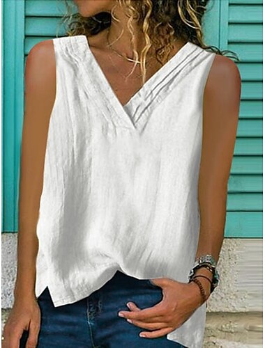  Dames katoenen linnen tanktop effen kleur dagelijks casual mouwloos v-hals normale tops dagelijks zwart wit geel roze marineblauw zomer