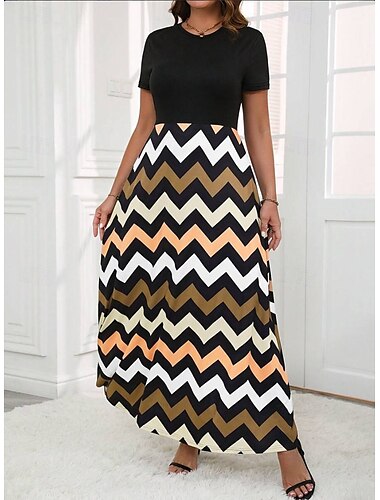  Damen Maxikleid A Linie Kleid Sommerkleid Lässig Täglich Normale Passform Geometrisch Kurzarm Rundhalsausschnitt Gelb Sommer