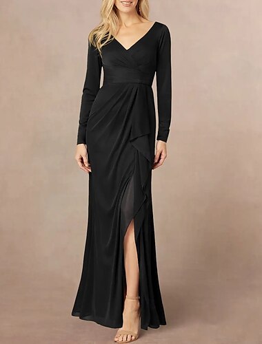  Meerjungfrauenschnitt Brautmutterkleid Hochzeitsgast Elegant V Ausschnitt Bodenlang Chiffon Langarm mit Rüschen Geteilter Vorderteil Raffung 2025