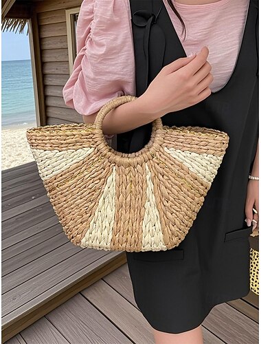  damska stylowa torba plażowa ze słomy tkanej z okrągłymi uchwytami, duża pojemność, ekologiczny design boho, idealna na lato, wakacje i jednodniowe wycieczki