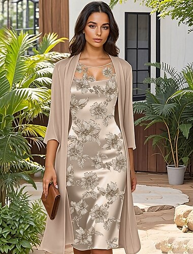  Two Piece Floral Embroidered Lace Mother of the Bride Dress Elegant Simple Luxurious Crew Neck Tea Length Satin Half Sleeve with Chiffon Jacket
