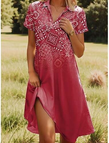  Damen Midikleid A Linie Kleid Sommerkleid Urlaub Lässig Strand Date Sommerkleid Normale Passform Blumen Grafik Kurzarm Revers Rosa Rote Blau Fuchsie Sommer