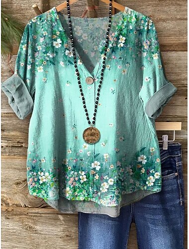  Mulheres Blusa Floral Gráfico Vintage Tropical Havaiana Manga Longa Decote V Tops regulares Diário Feriado Roupa de Praia Imprimir Rosa Laranja Verde Verão Primavera