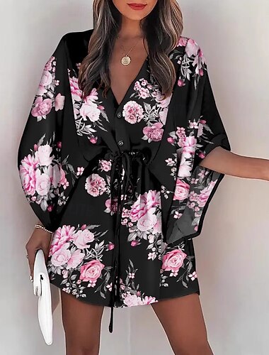  Damen Minikleid Wickelkleid A Linie Kleid Urlaub Lässig Boho Outdoor Ausgehen Strand Standard Passform Blumen Grafik Kurzarm V Ausschnitt Schwarz Blau Orange Beige Sommer Frühling