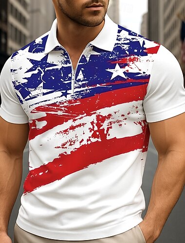  4 lipca 2026 250. Dzień Niepodległości Męskie Amerykańska flaga USA Bluza polo Krótki rękaw Wieczorne Na co dzień / Sportowy Sport i turystyka Athleisure Druk 3D Lato Niebiesko-biały