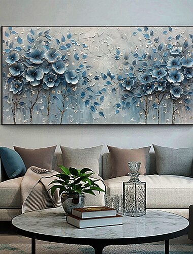  handgemachtes original blaues Blumen Ölgemälde auf Leinwand abstrakte Baumlandschaft Wandkunst für Wohndekoration mit gespanntem Rahmen ohne Innenrahmen Gemälde