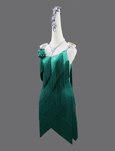  Vestido de baile latino para mujer, con borlas de diamantes de imitación, para competición, salsa, sin mangas, para rumba, chachachá