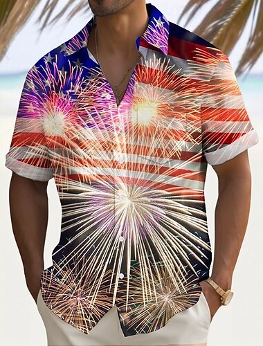  Tag der Unabhängigkeit Herren Amerikanische US-Flagge Patriotisch Feuerwerk Hemd Sommerhemd Knopfhemd Kurzarm Modisch lässig Ferien Sommer Frühling Umlegekragen 3D-Druck Hemden mit Kragen Eine Tasche