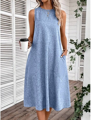  Femmes Robe Midi Robe fourreau Robe d'été Occasionnel Quotidien Coupe régulière Couleur Unie Sans manches Col ras du cou Rose Claire bleu marine Bleu Été