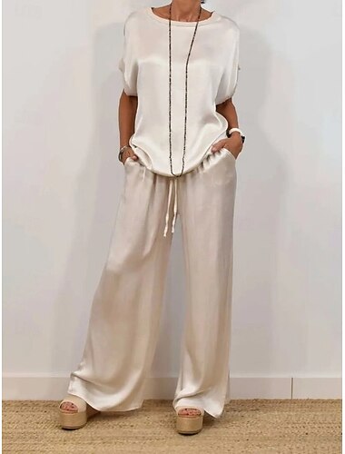 Ensembles de pantalons de mode 2 pièces pour femmes vêtements de rue quotidiens manches demi-longues col rond couleur unie décontracté quotidien noir blanc brun été coupe régulière