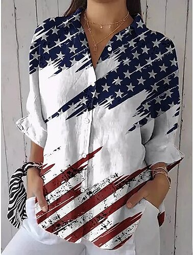 Unabhängigkeitstag Frauen Patriotic Fourth of July Shirt Grafisches Flagge Lässiges Langarmshirt Kragen Reguläre Oberteile Arbeit Täglich Knöpfe Druck Weiß Rot Himmelblau Frühling Herbst Winter