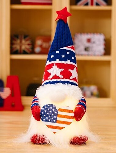  1 Stk. 4. Juli Unabhängigkeitstag gestrickte Liebe amerikanische Flagge leuchtende Rudolf Zwerg Puppe Party patriotische dekorative Lampe AAA Batterie