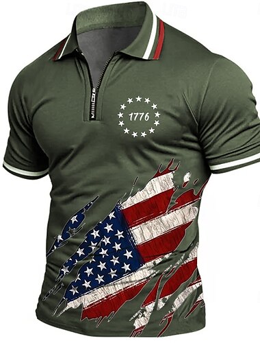  Amerikanischer Unabhängigkeitstag Herren Amerikanische US-Flagge Poloshirts mit Reißverschluss Kurzarm Polo-Shirts Hemden mit Kragen Lässig Athleisure Alltagskleidung 3D-Druck Sommer Blau Grün Grau