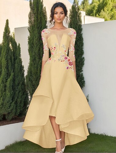  A-Linie Cocktailkleider Elegant Kleid Formell Hochzeit Tee-Länge Dreiviertelarm Rundhalsausschnitt Rosa Kleid Satin mit Perlenstickerei Rüschen 2025