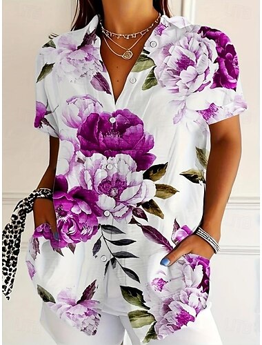 Mujer Camisa Floral Graphic Activo Diario Elegante Manga Corta Cuello Camisero Tops regulares Diario Blanco Rojo Fucsia Verano Primavera