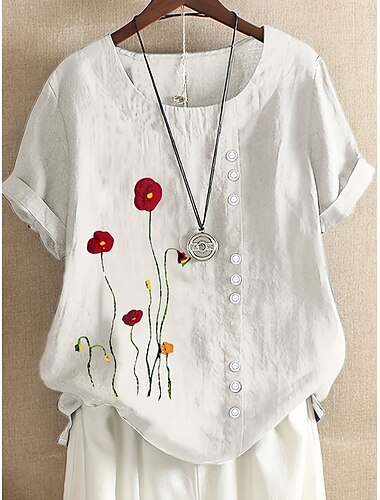  Camicetta da donna in cotone e lino, con stampa floreale, vintage, casual, a maniche corte, girocollo, regular, per tutti i giorni, per uscire, con bottoni, orlo asimmetrico, bianca, blu, estate,