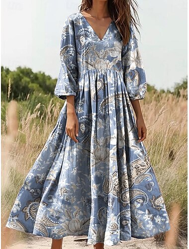  Damen Maxikleid Sommerkleid A Linie Kleid Faltenkleid Urlaub Lässig Boho Ausgehen Lässiger Schnitt Blumen Grafik Dreiviertelarm V Ausschnitt Rosa Blau Grün