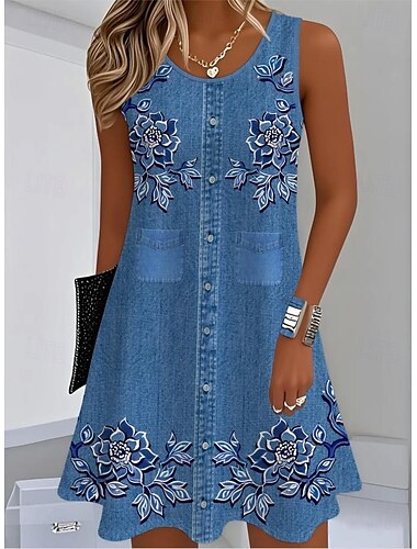  Femmes Mini Robe Robe d'Été Robe trapèze Robe d'été Vacances Occasionnel Quotidien Coupe régulière Graphique Uni Sans manches Col en U Bleu Bleu de minuit Été
