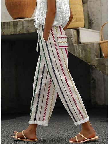  Damen Chinos Baggy-Hosen Strandshorts Urlaub Vintage Mode Volle Länge Hohe Taille Blumen Grafik Geometrisch Drucken Thermowarm Atmungsaktiv Weich Mikroelastisch Formell Urlaub Straße Rubinrot Orange