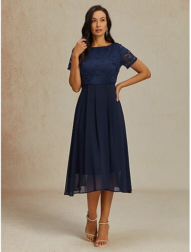  Damen A Linie Kleid Midikleid Chiffon Kontrastspitze Rüschensaum kleid hochzeitsgast Cocktailparty Elegant Ausgefallene Rundhalsausschnitt Kurzarm Dunkelblau Farbe