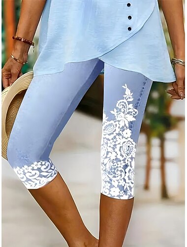  Leggings da donna pantaloni Capri alta elasticità moda vacanza hawaiana lunghezza al polpaccio vita media stampa floreale grafica traspirante morbido vacanza casual quotidiano blu lago nero blu chiaro