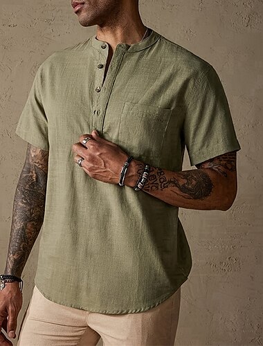  Voor heren Overhemd Popover-shirt Zomer overhemd Normaal shirt Strand hemd Zwart Groen Korte mouw Effen Band Kraag Vakantie Hawaii Zak Kleding Polyester Modieus Casual Comfortabel