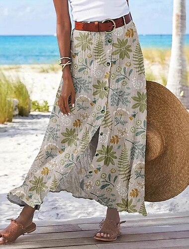  Femmes Jupe Occasionnel Boho Maxi Taille Basse Jupes Fleuri Imprimé Fendu Micro-Élastique Vacances Sortir Vert Été Polyester