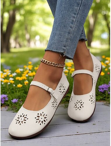  Bequeme Mary-Jane-Ballerinas für Damen mit weiter Zehenpartie und floralen Aussparungen – lässige Barfußschuhe mit weicher Sohle für Damen – ideal für Brunch, Bauernmärkte und Freizeit im Freien