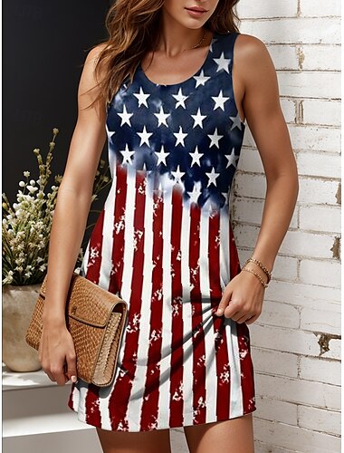  Unabhängigkeitstag Damen Patriotisches Fourth of July Kleid Mini Kleid Strandkleid A-Linie Kleid Off-Shoulder Kleid Urlaub Lässig Boho Party Reguläre Passform Grafik Flagge Geometrisch Ärmellos