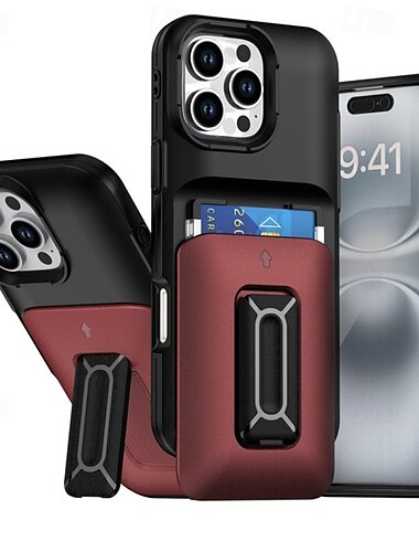  iPhone 16 Pro Max Plus / 15 / 14 / 13 / 12 Pro Max用カラフルな耐衝撃ケース - キックスタンド付きスライド式カードスロット、PCバックカバー