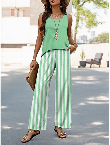  Women's Vacation Daily Pants Sets Sleeveless U Neck Graphic Striped Casual Daily Pink Blue Green Summer Loose Fit