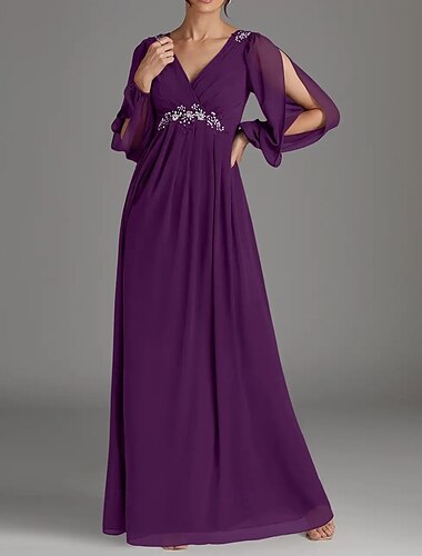  A-Linie Brautmutterkleid Hochzeitsgast Elegant V Ausschnitt Bodenlang Chiffon Langarm mit Perlenstickerei Applikationen Raffung 2025