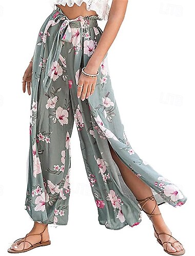  Dam Linneinspirerade byxor Brett skaft Palazzo byxor Mode Boho Fullängd Hög midja Blomma Elastisk midja Delad Bekväm Gata Dagliga kläder Utekväll Gul Rodnande Rosa Purpur Brun Sommar Normal