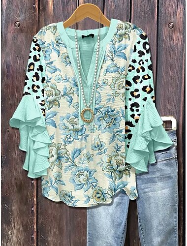  Damen Bluse Blumen Grafik Leopard Elegant Bohemien Vintage Dreiviertelarm V Ausschnitt Normale Oberteile Täglich Ferien Urlaubskleidung Rüsche Druck Erröten Sie Rosa Hellgrün Rosa Leicht Blau Sommer