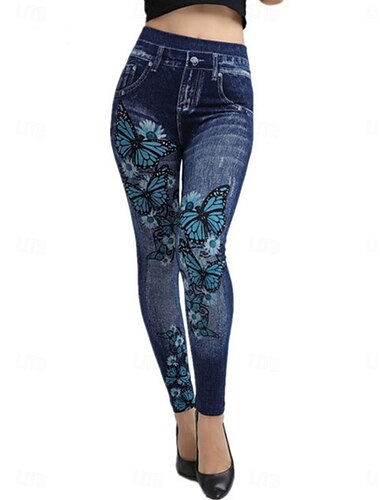  Pantalons Leggings pour femmes 3D Imprimés Chinos Vacances Vintage Streetwear Longueur Totale Taille Haute Imprimé Papillon Confortable Doux Confortable Élastique Extérieur Rue Quotidien Bleu Été