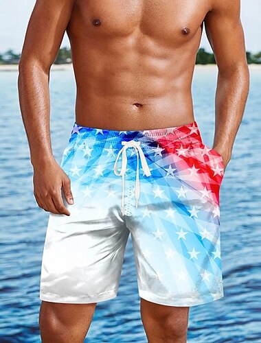  Tag der Unabhängigkeit Herren US Flagge Patriotisch Vierter Juli Badehosen Badeshorts Boardshorts Mittlere Taille Hawaiianisch Ferien Seitentaschen Netzfutter Elastischer Kordelzug in der Taille