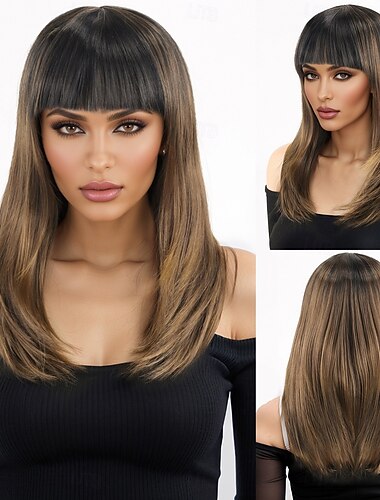  Synthetische Perücken Kinky Glatt Natürlich glatt Asymmetrisch Gerader Pony Maschinell hergestellt Perücke 18 Zoll A1 Synthetische Haare Damen Klassisch Bequem Farbverläufe Braun
