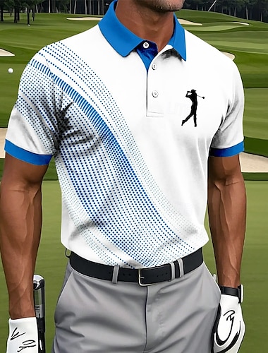  Herr Geometrisk Golf Sport pikétröjor Kortärmad Polotröjor Skjortor med krage Sportkläder Fritids- Knappar Sommar Svart Vit Blå