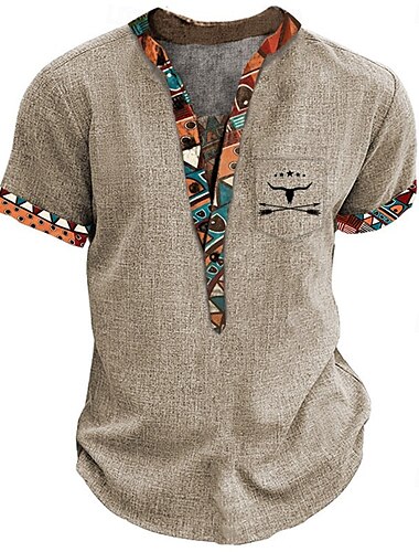  Per uomo Tribale Etnico Maglietta Maglia Henley Manica Corta Designer Culturale Essenziale All'aperto Casuale Quotidiano Estate Blu chiaro Cachi Grigio chiaro Henley Maglietta Henley
