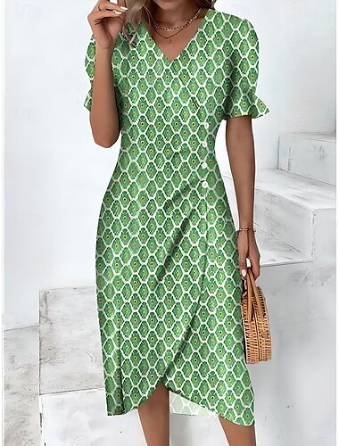  Damen Midikleid Wickelkleid Sommerkleid Urlaub Lässig Strand Täglich Ferien Ausgehen Normale Passform Blumen Grafik Kurzarm V Ausschnitt Blau Purpur Grün Sommer Frühling