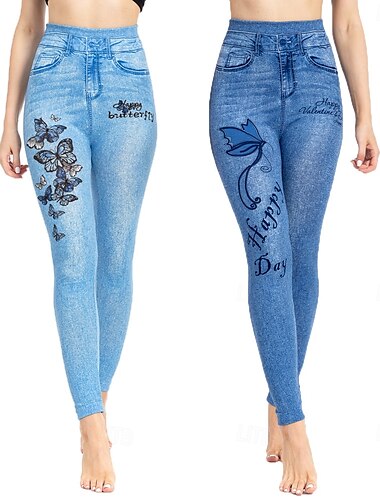  Pantalons Leggings pour femmes 3D Imprimés Chinos Vacances Streetwear Décontracté Longueur Totale Taille Haute Imprimé Papillon Floral Confortable Doux Confortable Élastique Extérieur Rue Bleu Bleu