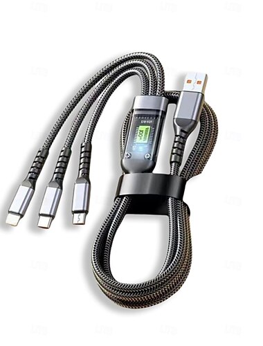  Câble de charge ultra rapide 3 en 1 transparent et lumineux de 2 m avec affichage LED, adaptateur USB C vers Lightning/USB A/Micro, câble de charge multiple 4 en 1 pour tous les téléphones
