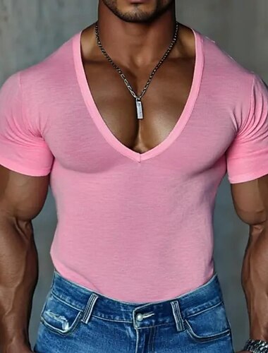  בגדי ריקוד גברים חולצה קצרה טופ טי שרוול קצר צווארון V קיץ צבע אחיד אופנתי מעצב בסיסי V-צוואר חופשה רחוב ליציאה שחור ורוד ירוק בהיר חולצה עליונה לגברים