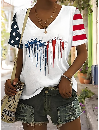  Women's Patriotic  T Shirt Graphic American Flag Vintage Stylish Classic Short Sleeve V Neck Regular Tops Daily Weekend Print Black Summer Spring