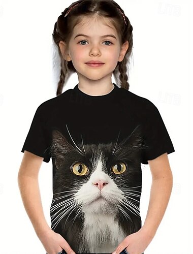  Ragazze 3D Gatto Maglietta Manica Corta Estate Primavera Moda Essenziale Bambini 4-12 Anni Girocollo All'aperto Casuale Quotidiano Vestibilità regolare