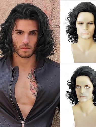  Heren bruine pruik, natuurlijk golvend krullend lang haar, pruik voor mannen, jaren 70, jaren 80 rocker cosplay, synthetische pruiken voor Halloween kostuumaccessoires