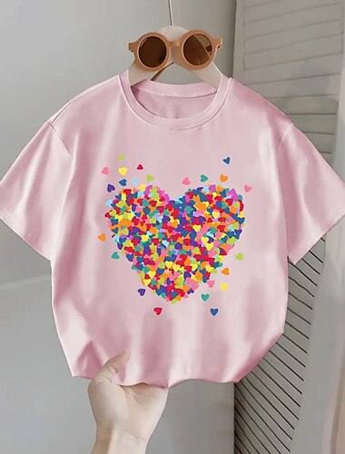  Mädchen 3D Herz T-Shirt Kurzarm Sommer Frühling Mode Basic Kinder 4-12 Jahre Rundhalsausschnitt Outdoor Lässig Täglich Normale Passform