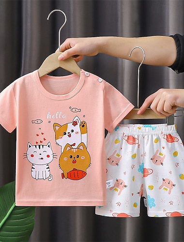  2 Pezzi Bambini Ragazze Animale Girocollo T-shirt & Pantaloncini Impostato Manica Corta Moda All'aperto Dai 4 anni in su Estate Rosa Blu Azzurro