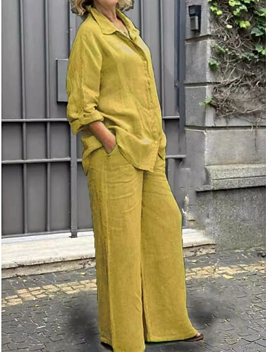  Femmes Actif Basique Ensembles en coton et lin manche longue Col de chemise Couleur Unie Décontracté Quotidien Noir Blanche Jaune Été Coupe régulière
