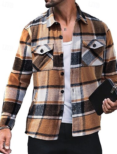  Per uomo Giacca camicia Giacca invernale Giacca-camicia Quadri Vacanza Abbigliamento quotidiano Rosso Blu Arancione Marrone Manica Lunga Bavero Inverno Autunno Abbigliamento Tasca